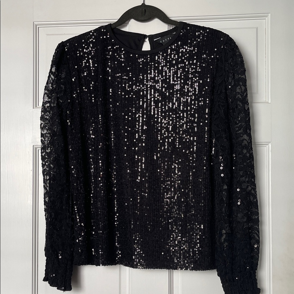 Adiva Black Holiday Sequin Blouse with Lace Detail